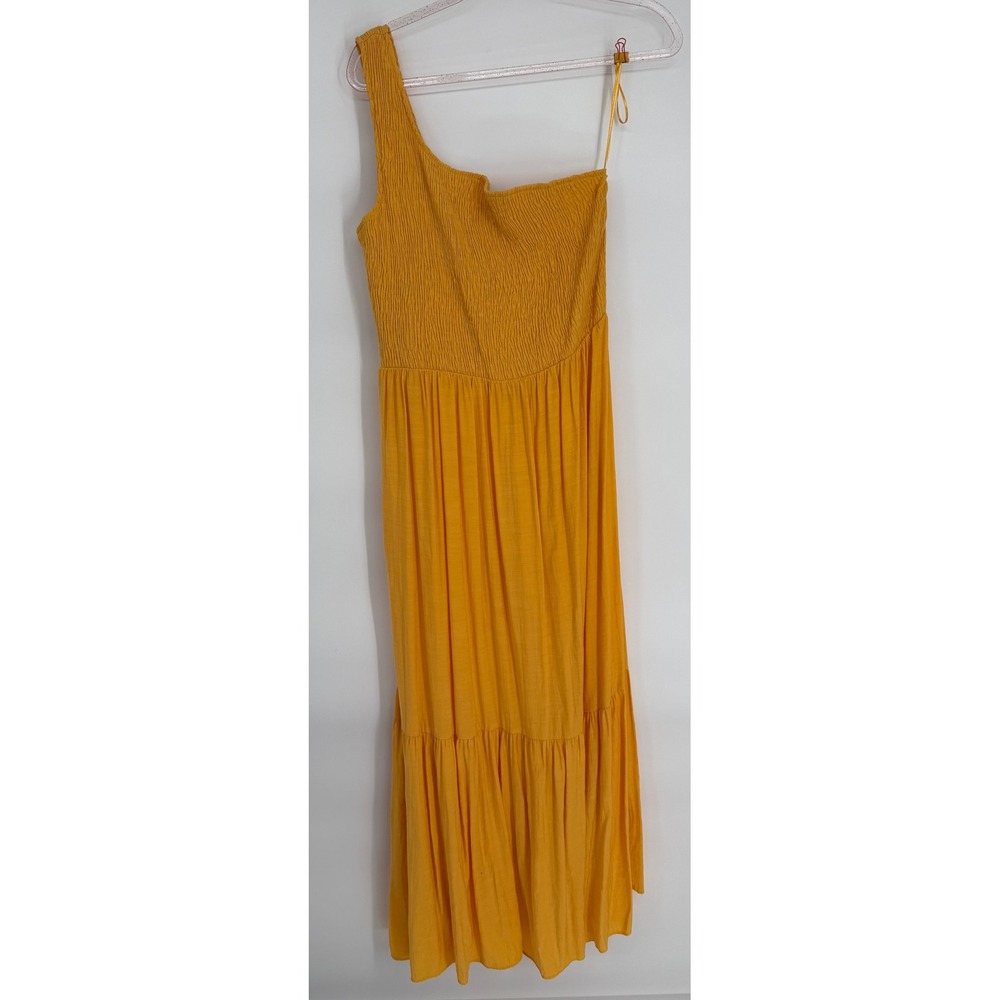 Nine West Womens One Shoulder Smocked Maxi Dress Yellow Tiered Sz‎ L